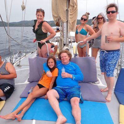 a group of people sitting in a boat on a body of water