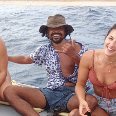 a group of people sitting at a beach