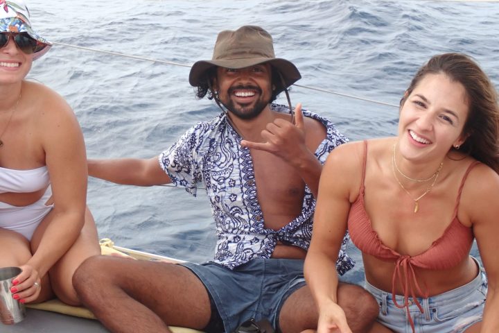 a group of people sitting at a beach